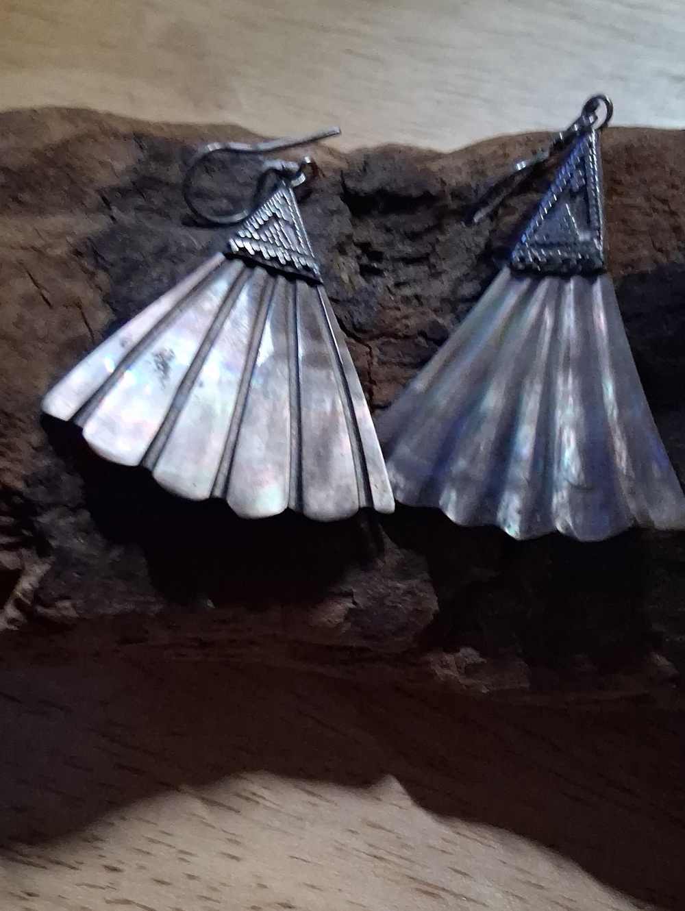 Handmade Iridescent Shell Fan Drop Earrings - Sterling Silver